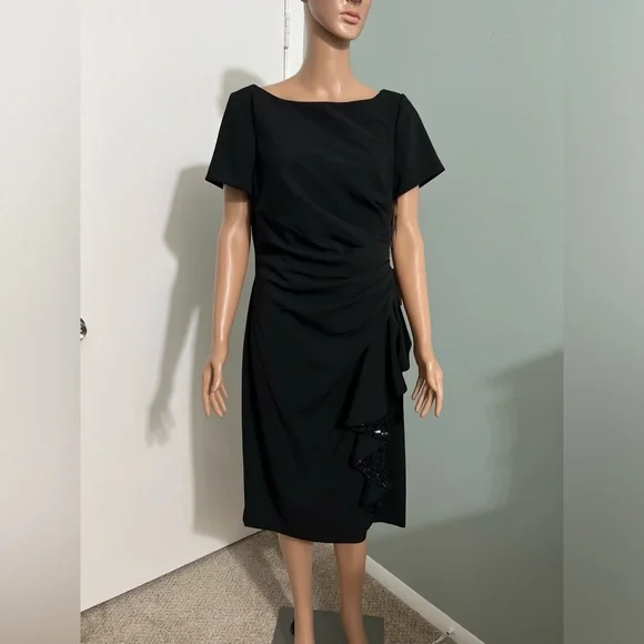 Carmen Marc Valvo | Dresses | New Carmen Marc Valvo Womens Black Back Zip  Bateau Neck Short Sleeve Crepe Sz2 | Poshmark